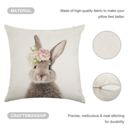 Peek-a-boo Floral Bunny Linen Throw Pillow Cover