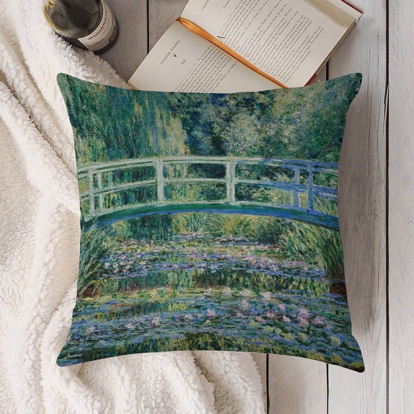 Water Lilies And Japanese Bridge, Claude Monet Linen Throw Pillow Cover