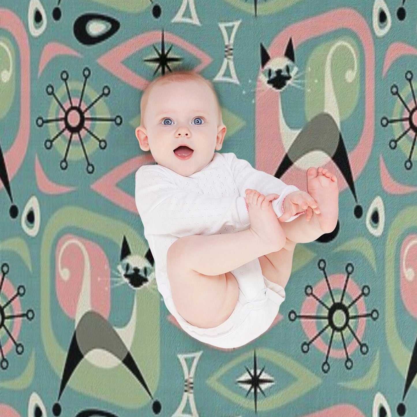 Mid Century Siamese Cat Abstract on Blue Throw Blanket