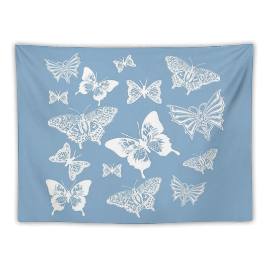White Butterflies on Smoky Blue Grey Background Tapestry