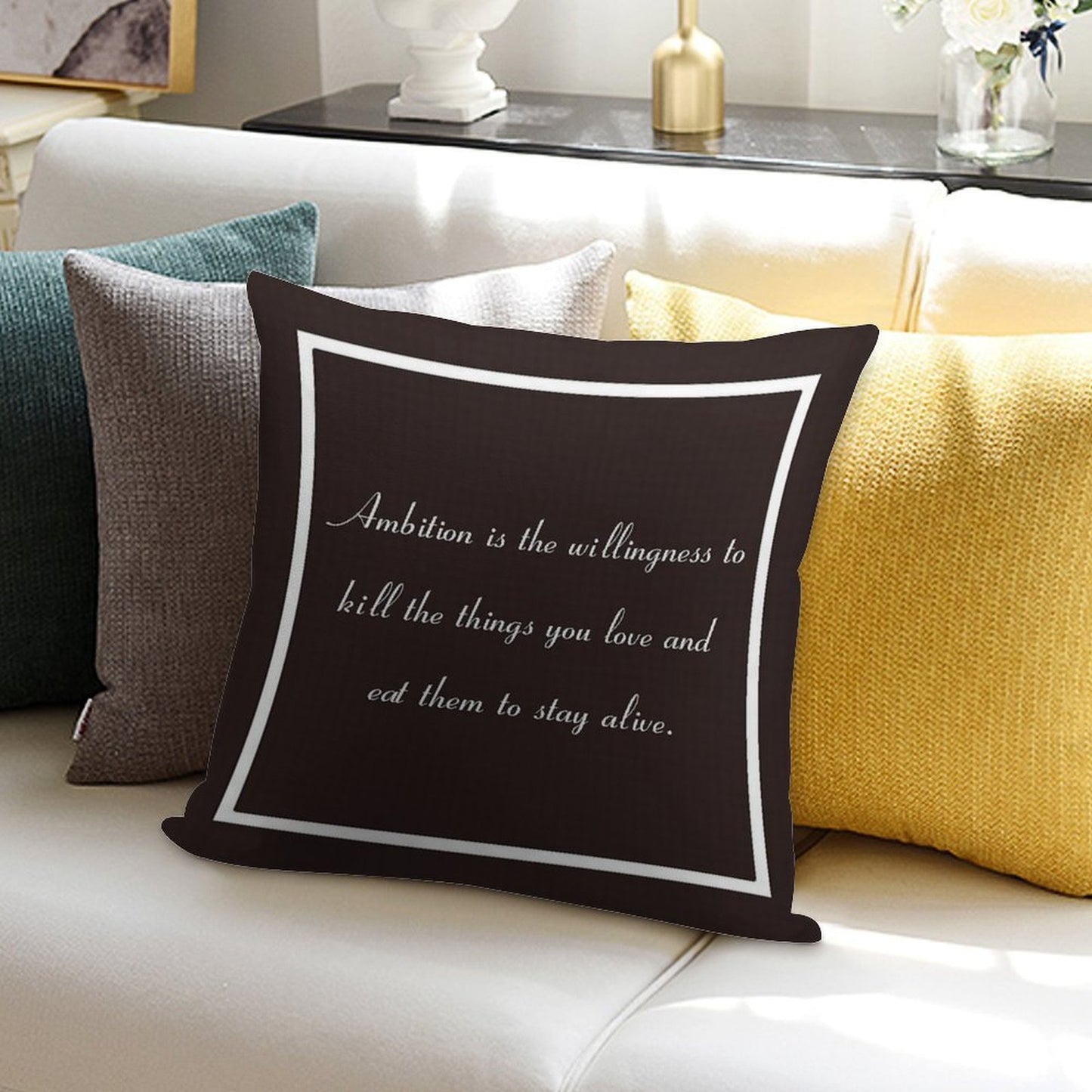 30 Rock Inspired Brown TV Show Jack Donaghy Quote, Ambition Soft Gift Ready Throw Pillow