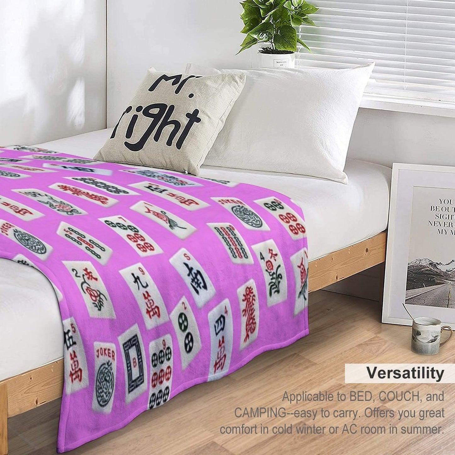 Mahjongg Game Tiles Design on Pink Color Throw Blanket