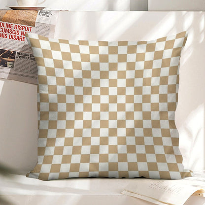 White And Tan Brown Checkerboard Linen Throw Pillow Cover