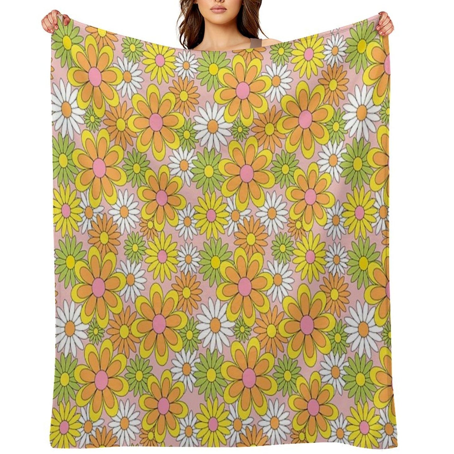 Vintage 70s Flower Power Orange, Pink & Yellow Retro Daisy Throw Blanket