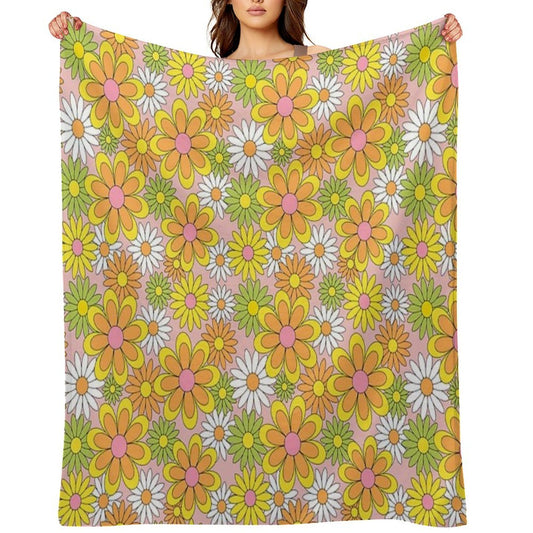 Vintage 70s Flower Power Orange, Pink & Yellow Retro Daisy Throw Blanket