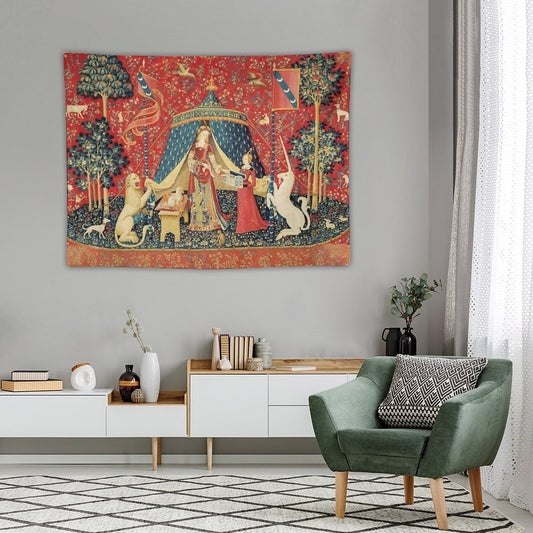 LADY AND THE UNICORN DESIRE ,Lion,Fantasy Flowers,Animals,Red Green Floral Tapestry Tapestry