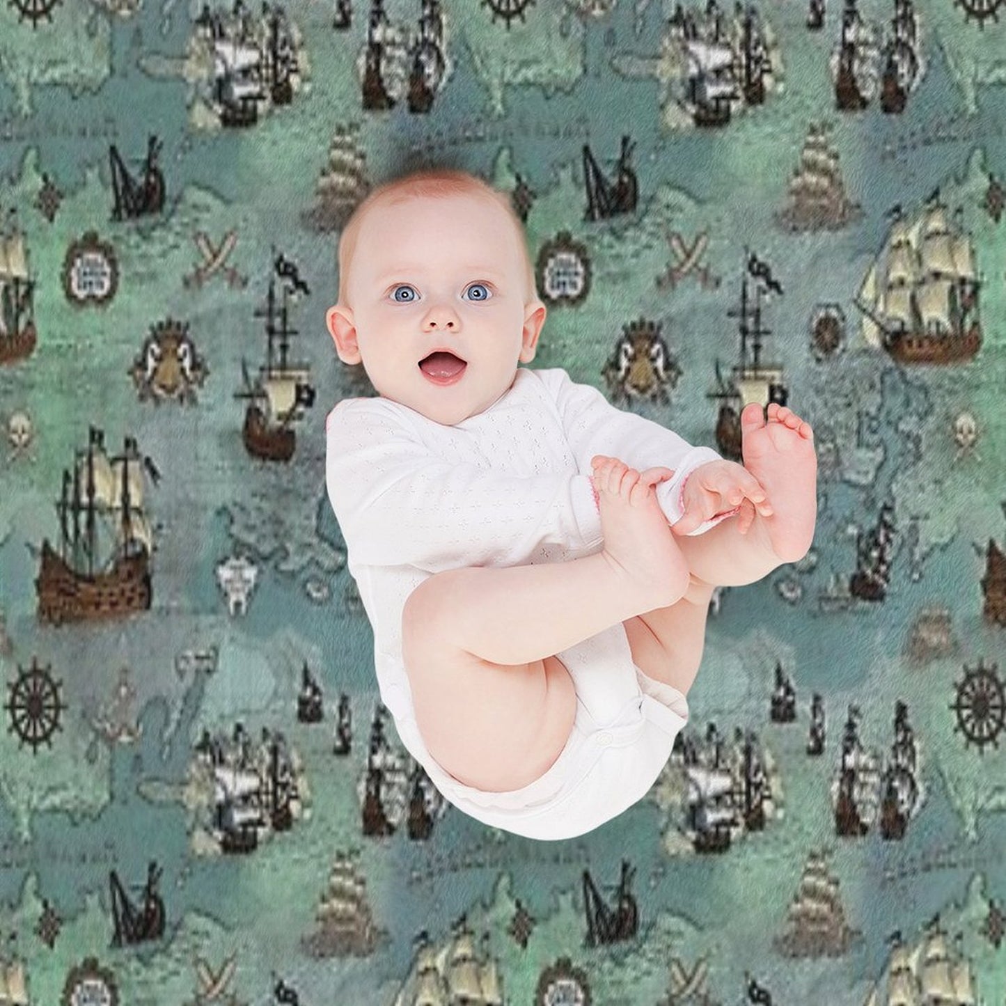 Pirate Map Nautical Sea Print Ocean Blue & Sea Glass Green Throw Blanket