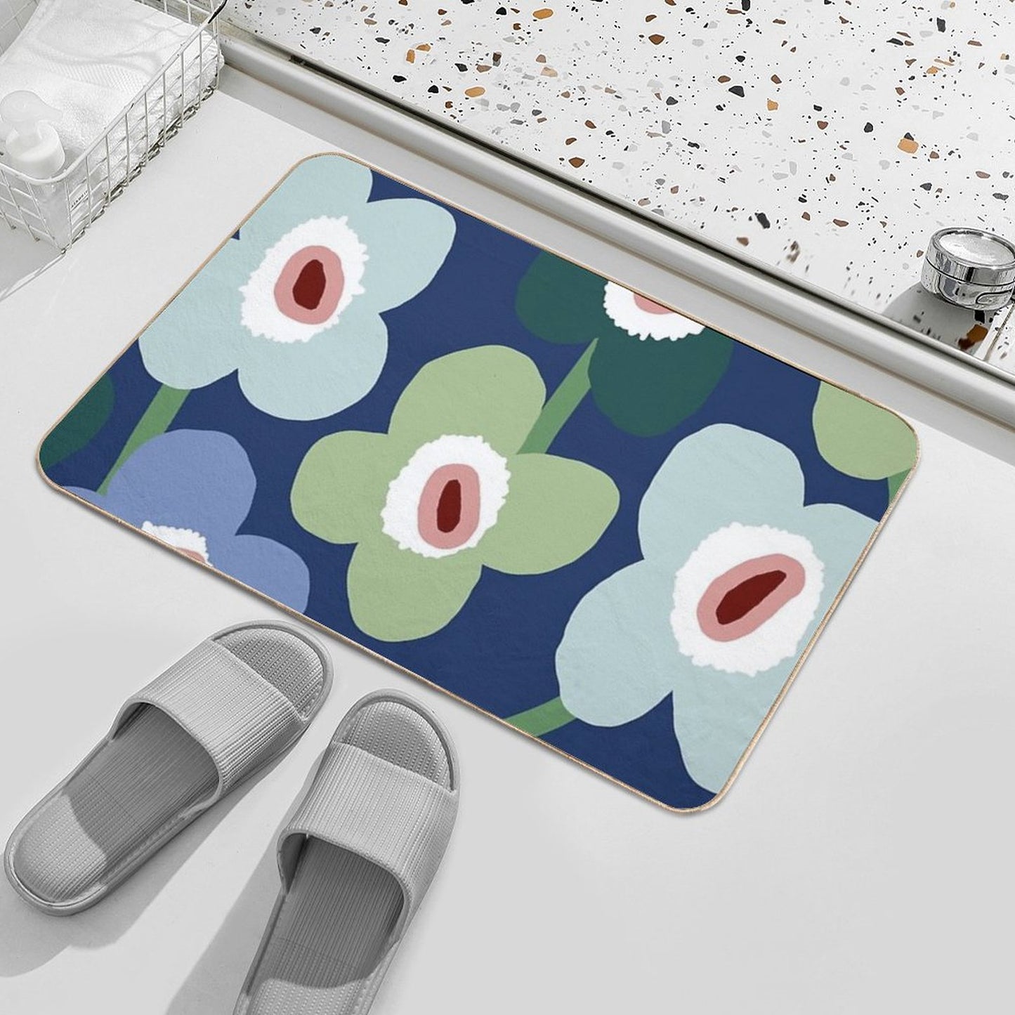 Iconic Retro Scandinavian Floral Pattern in Blue And Green Bath Mat