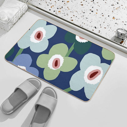 Iconic Retro Scandinavian Floral Pattern in Blue And Green Bath Mat