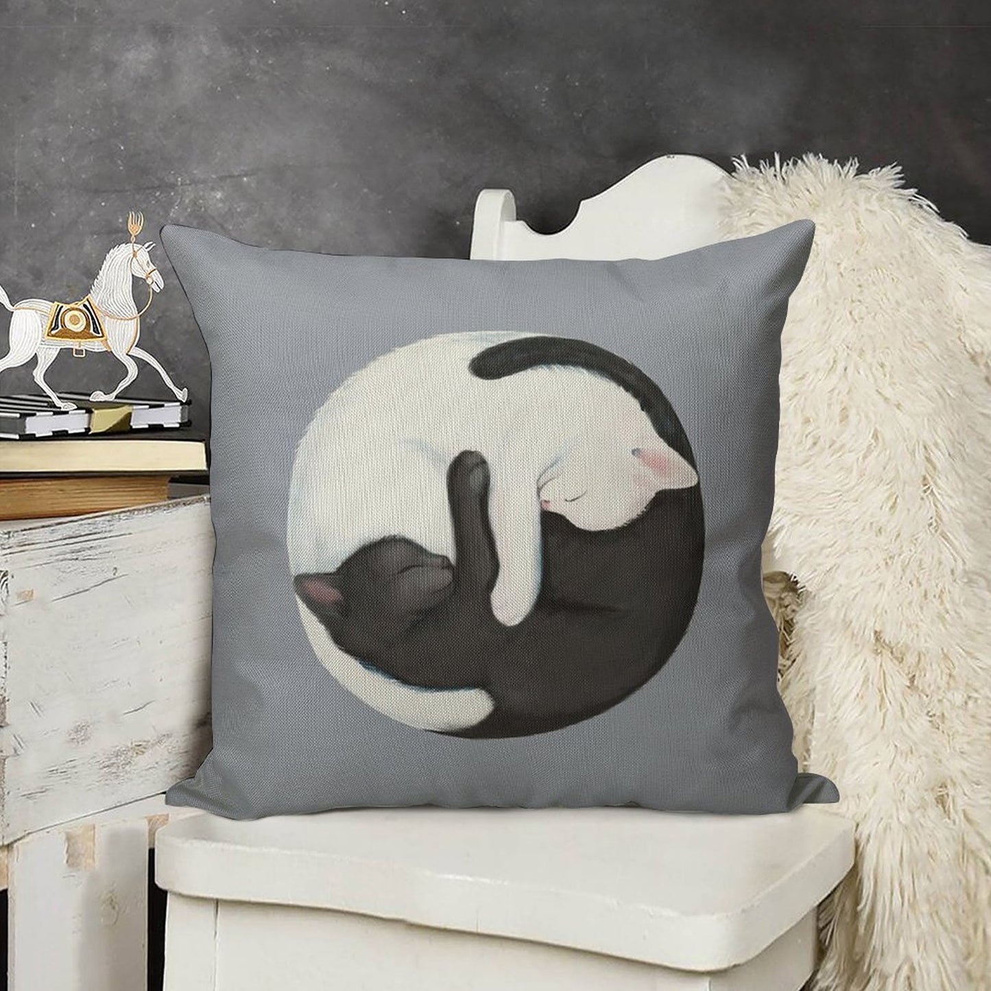 Yin Yang Balancing Cats Linen Throw Pillow Cover