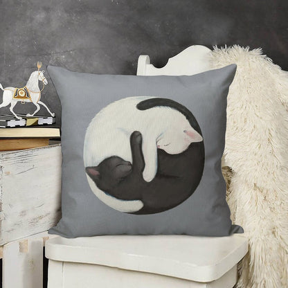 Yin Yang Balancing Cats Linen Throw Pillow Cover