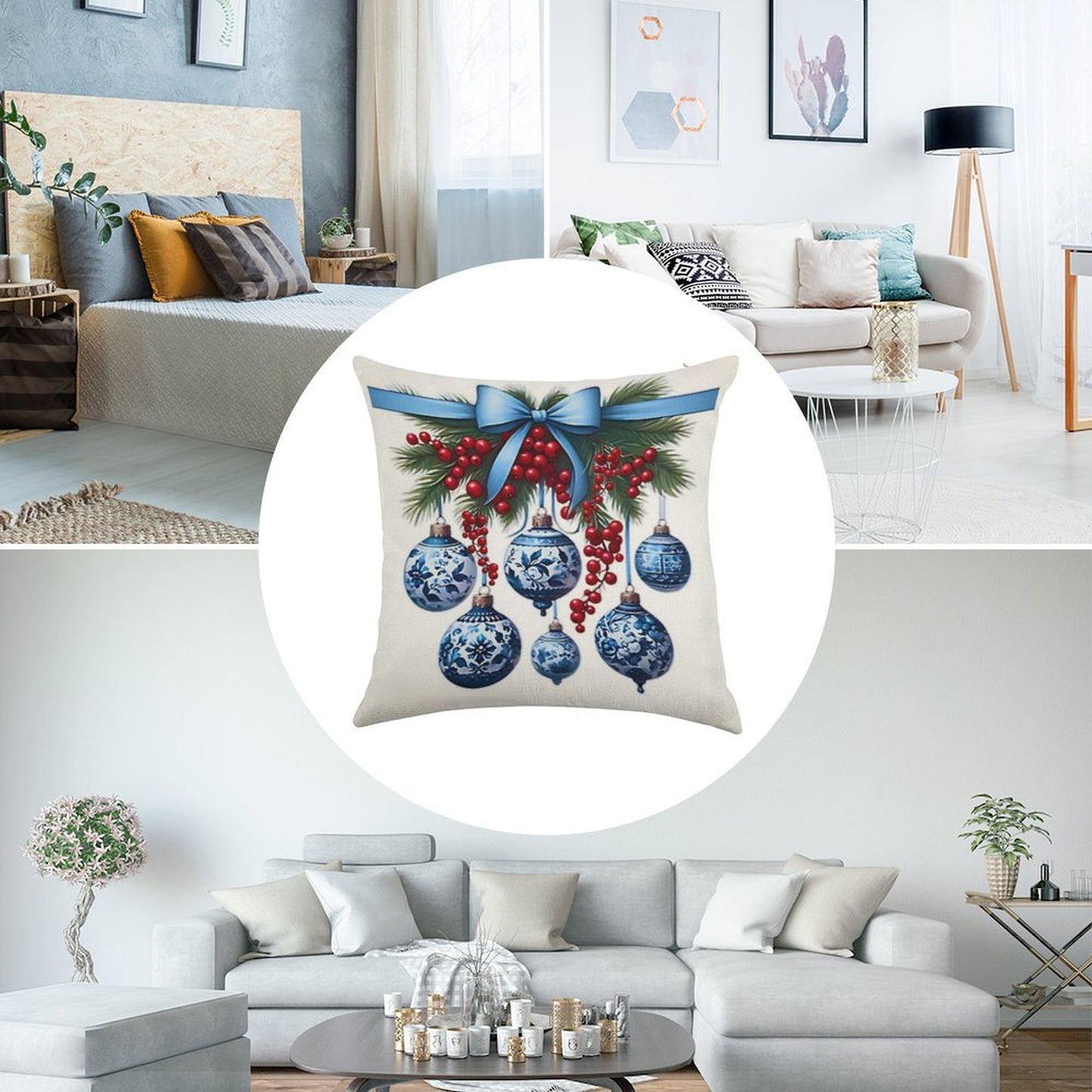Chinoiserie Christmas Holiday. Blue And White Linen Throw Pillow Cover