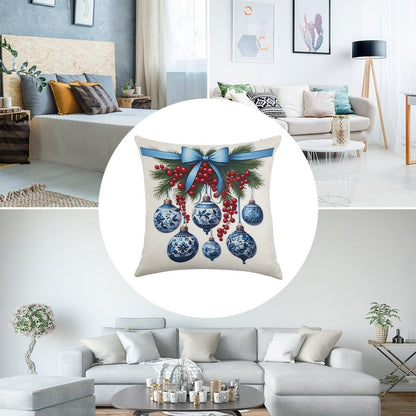 Chinoiserie Christmas Holiday. Blue And White Linen Throw Pillow Cover
