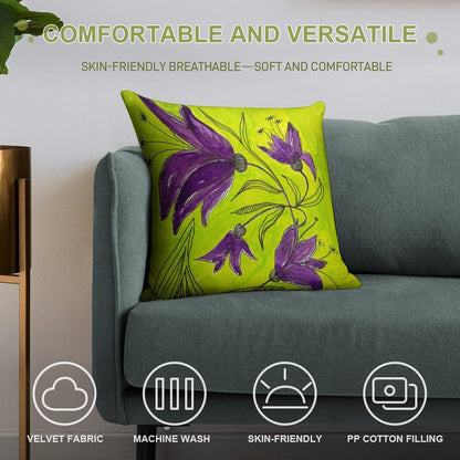 Botanical Lime Green And Purple Soft Easy Maintenance Throw Pillow