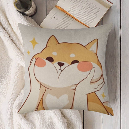 Kawaii Shiba Inu Linen Throw Pillow Cover