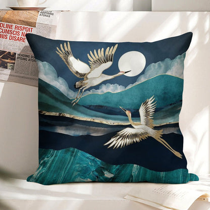 Midnight Cranes Linen Throw Pillow Cover