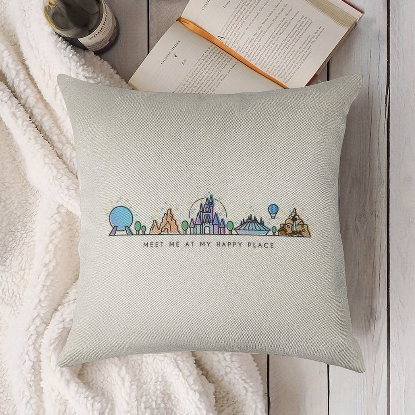 Meet Me at My Happy Place Vector Orlando Theme Park Illustration Design Linen Throw Pillow Cover