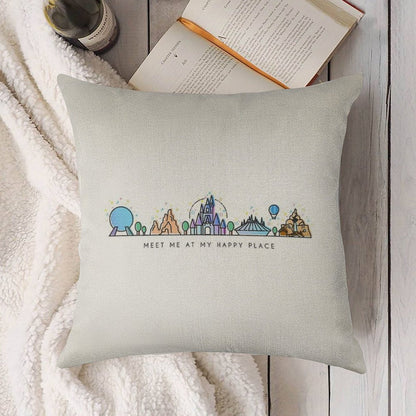 Meet Me at My Happy Place Vector Orlando Theme Park Illustration Design Linen Throw Pillow Cover