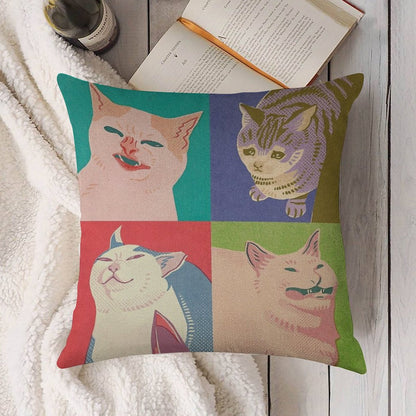 Four Meme Cats of The Apocalypse Linen Throw Pillow Cover