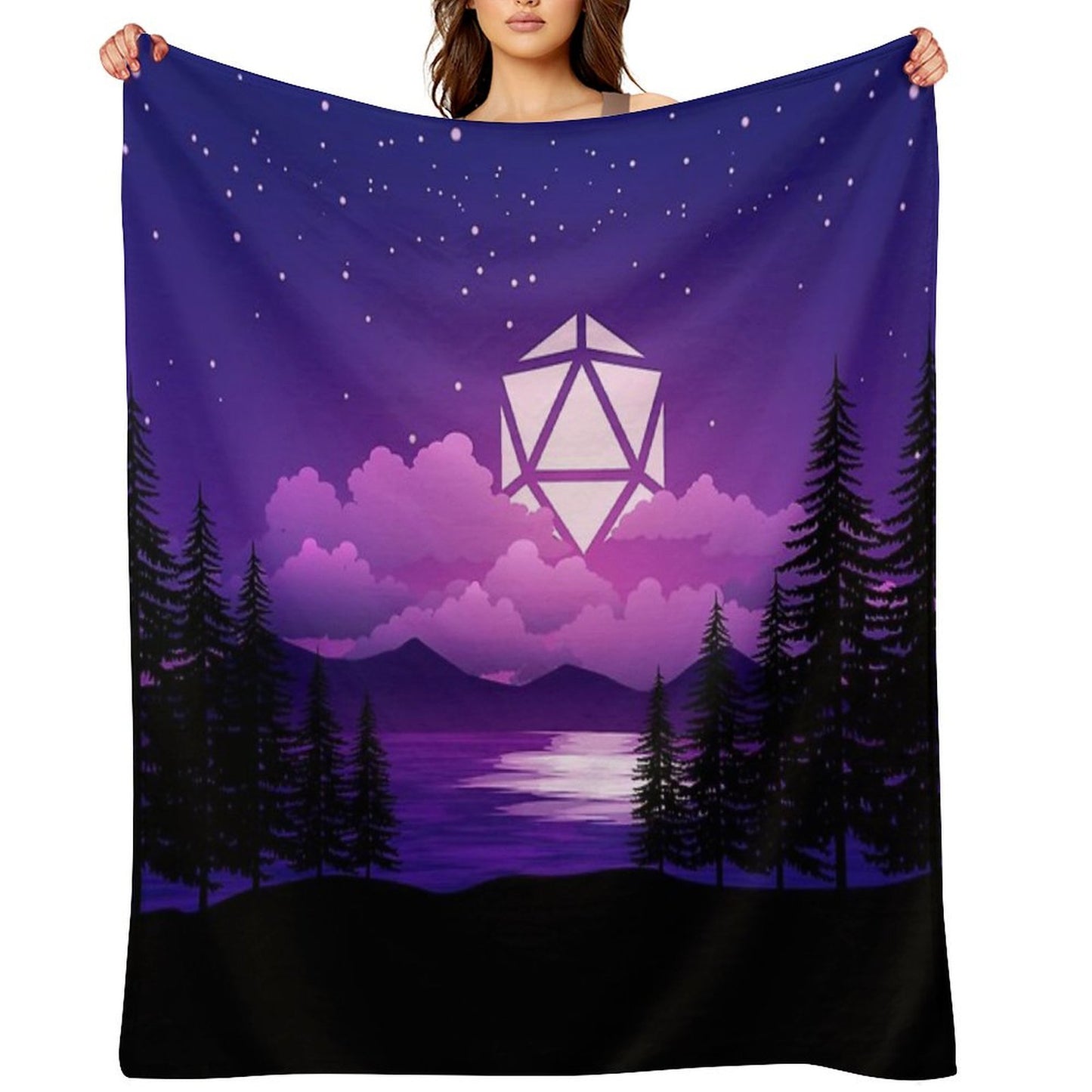 Pink Sunset D20 Dice Sun Lake Tabletop RPG Maps And Landscapes Throw Blanket