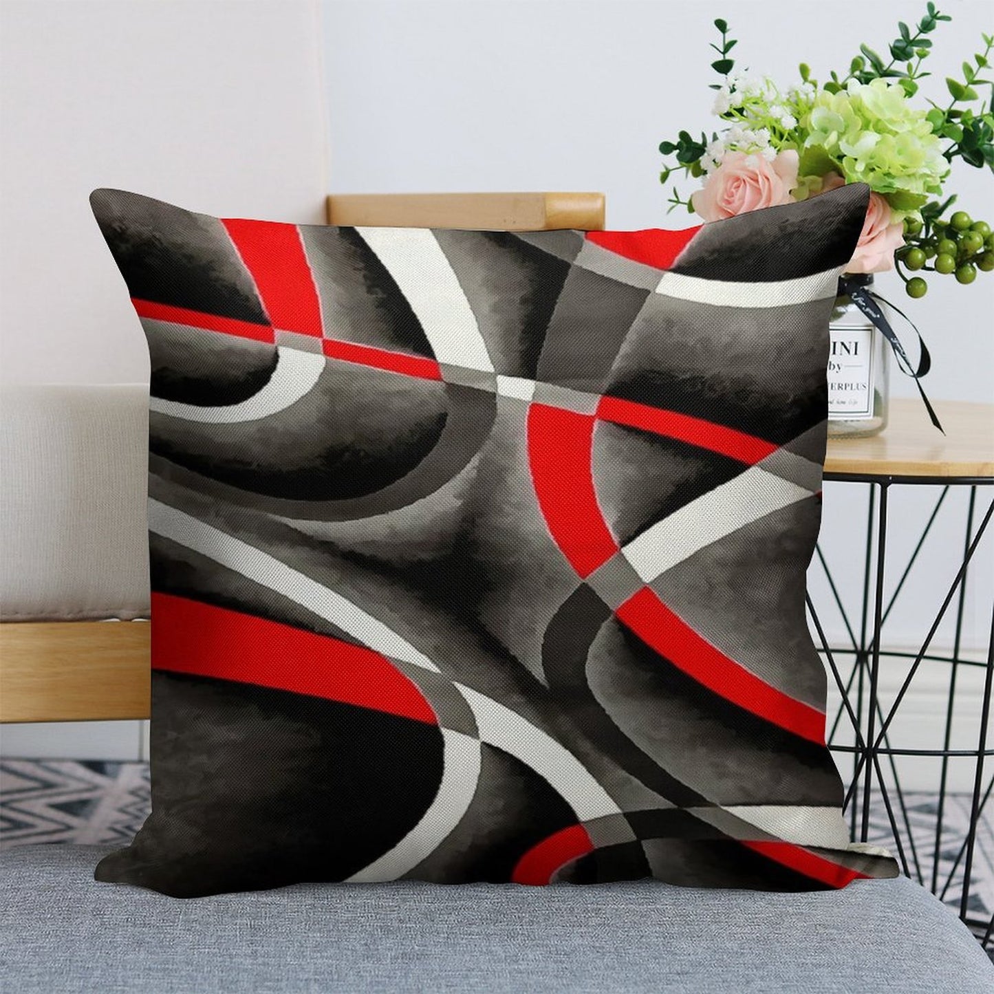 Eighties Red White Grey Line Curve Pattern On Black Linen Throw Pillow Cover