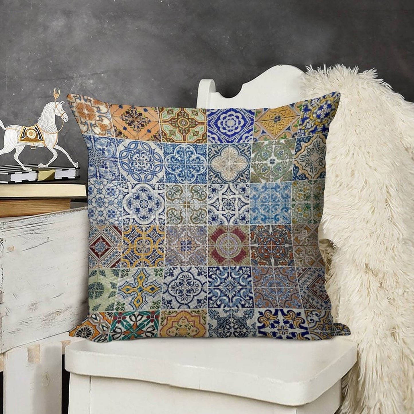 Set of 48 Ceramic Tiles Patterns Linen Throw Pillow Cover