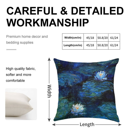Water Lilies Monet Deep Blue Linen Throw Pillow Cover
