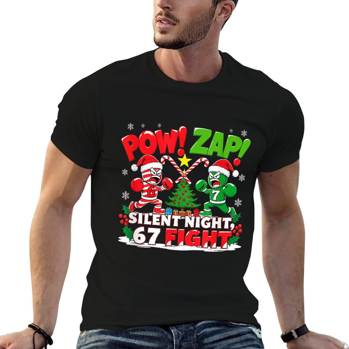 Funny 6-7 Meme Slang Trend Silent Night 67 Fight Christmas  Eco-friendly Material T-Shirt