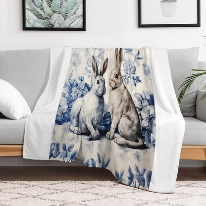 Toile De Jouy Blue Two Rabbits  Delft Blue  Floral And Animal Throw Blanket