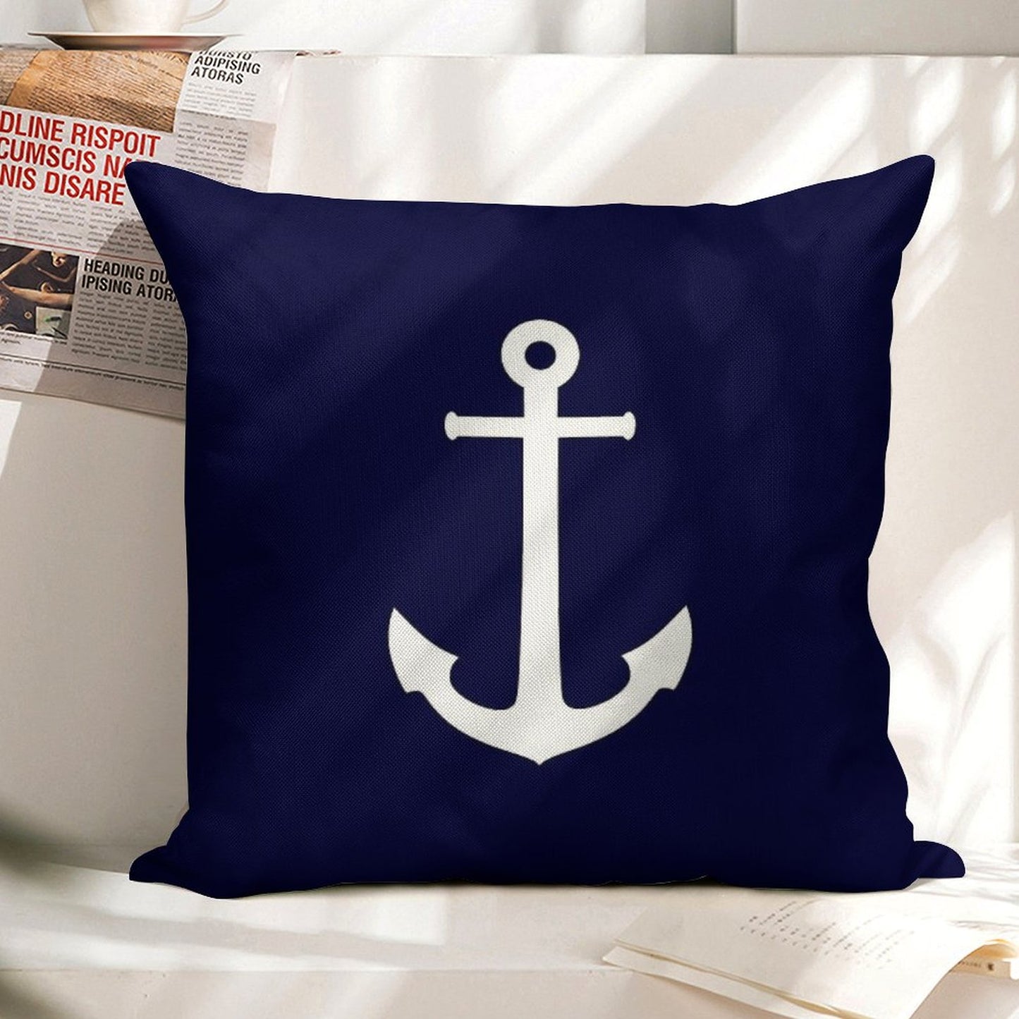 White Anchor On Navy Blue Linen Throw Pillow Cover