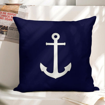 White Anchor On Navy Blue Linen Throw Pillow Cover