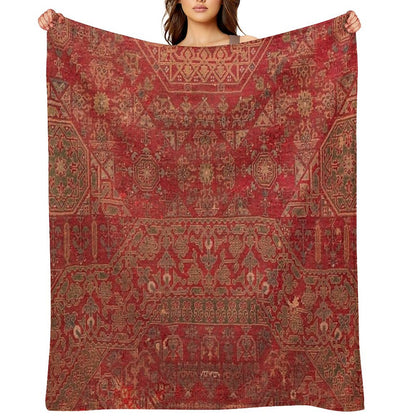 Bohemian Medallion II  15th Century Old Distressed Red Green Colorful Ornate Accent Rug Pattern Throw Blanket