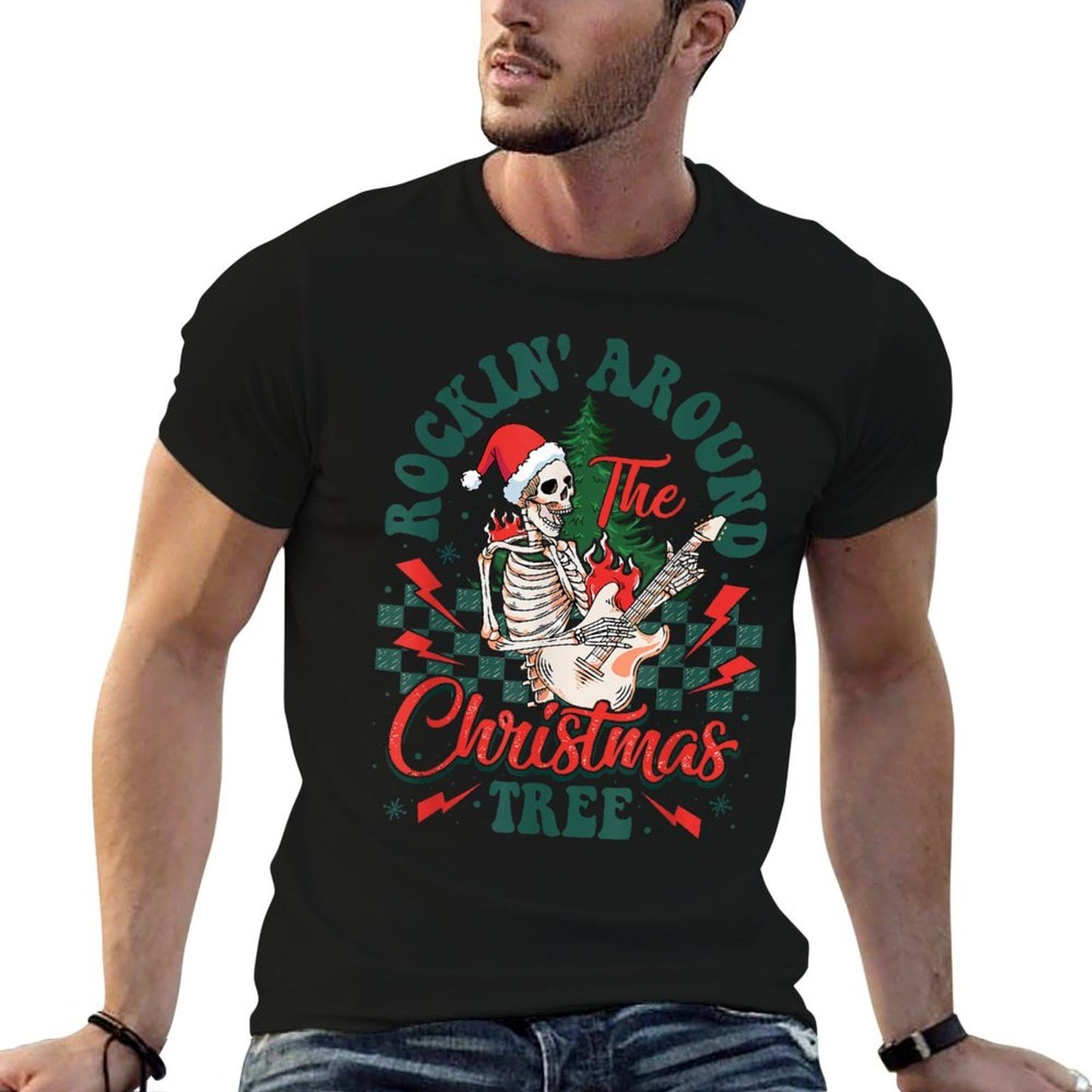 Retro Rockin Around The Christmas Tree Skeleton Plays Guitar  Lightweight T-Shirt