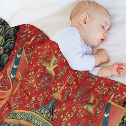 LADY AND THE UNICORN DESIRE ,Lion,Fantasy Flowers,Animals,Red Green Floral Tapestry Throw Blanket