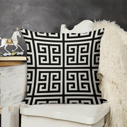 Greek Key Black And White Pattern Linen Throw Pillow Cover