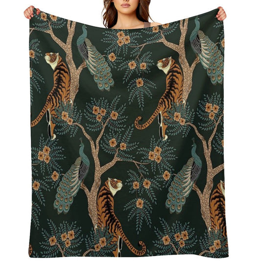 Vintage Tiger And Peacock in The Jungle Throw Blanket