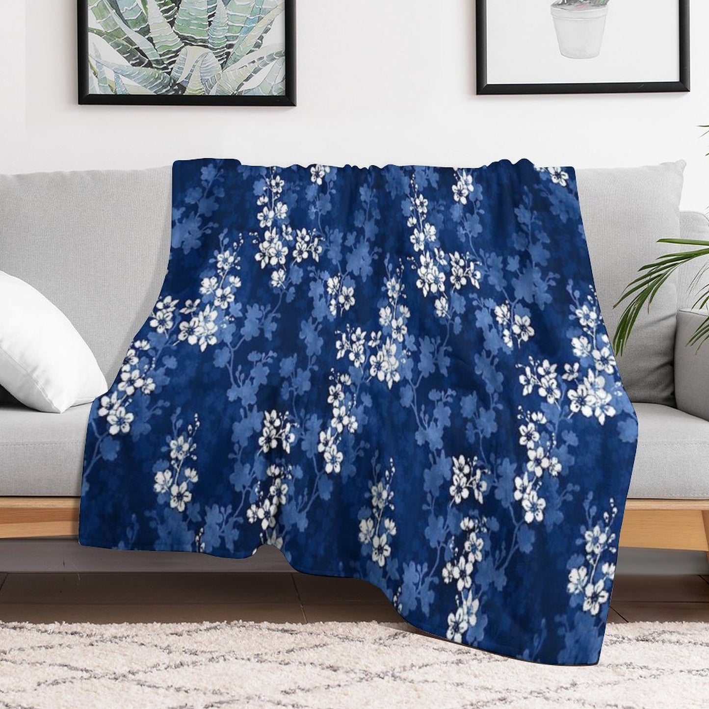 Sakura Blossom in Deep Blue Throw Blanket