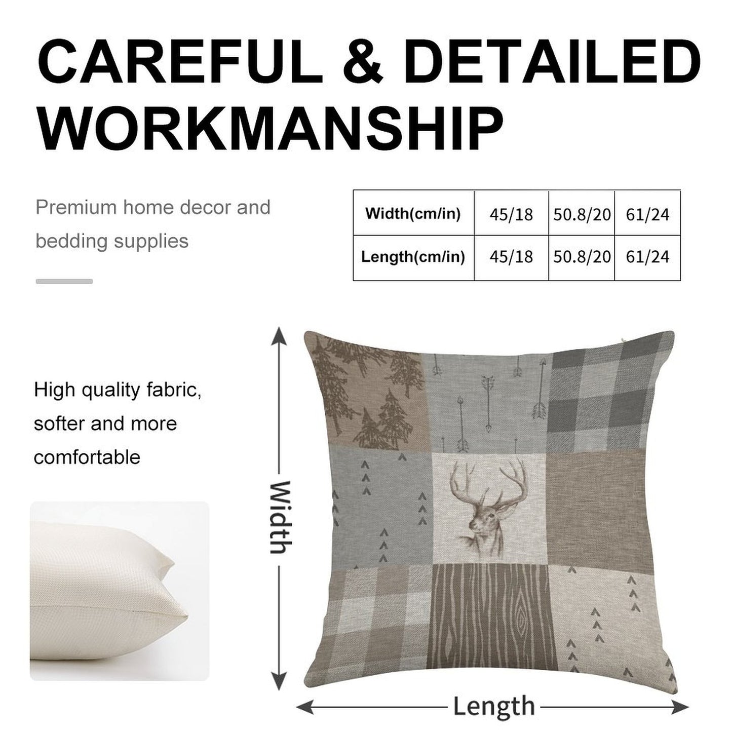 Deer Patchwork - Rustic Neutrals Linen Throw Pillow Cover