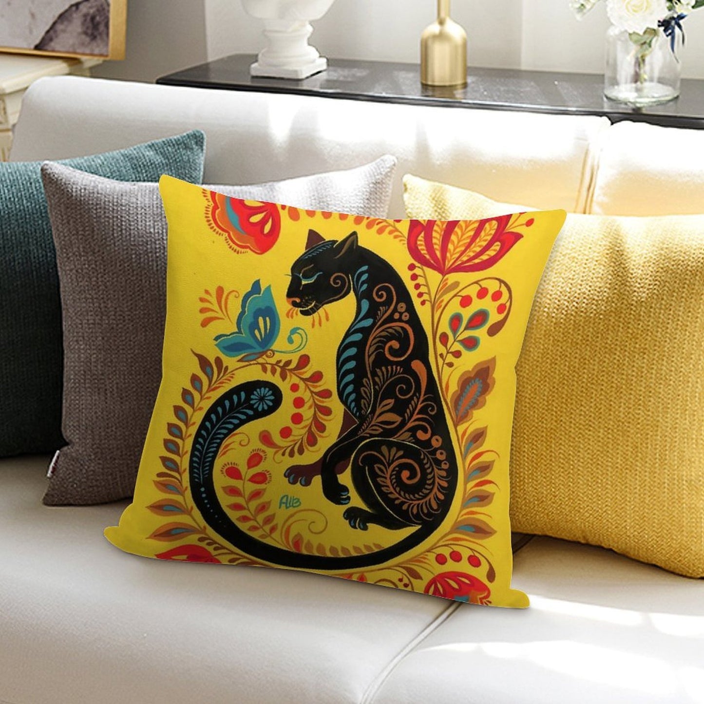 Panther & Butterfly Folk Art Soft Anti-Pilling Throw Pillow