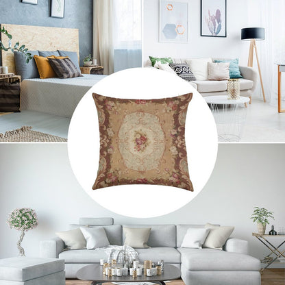 Antique Rose Floral French Aubusson Rug Print Linen Throw Pillow Cover