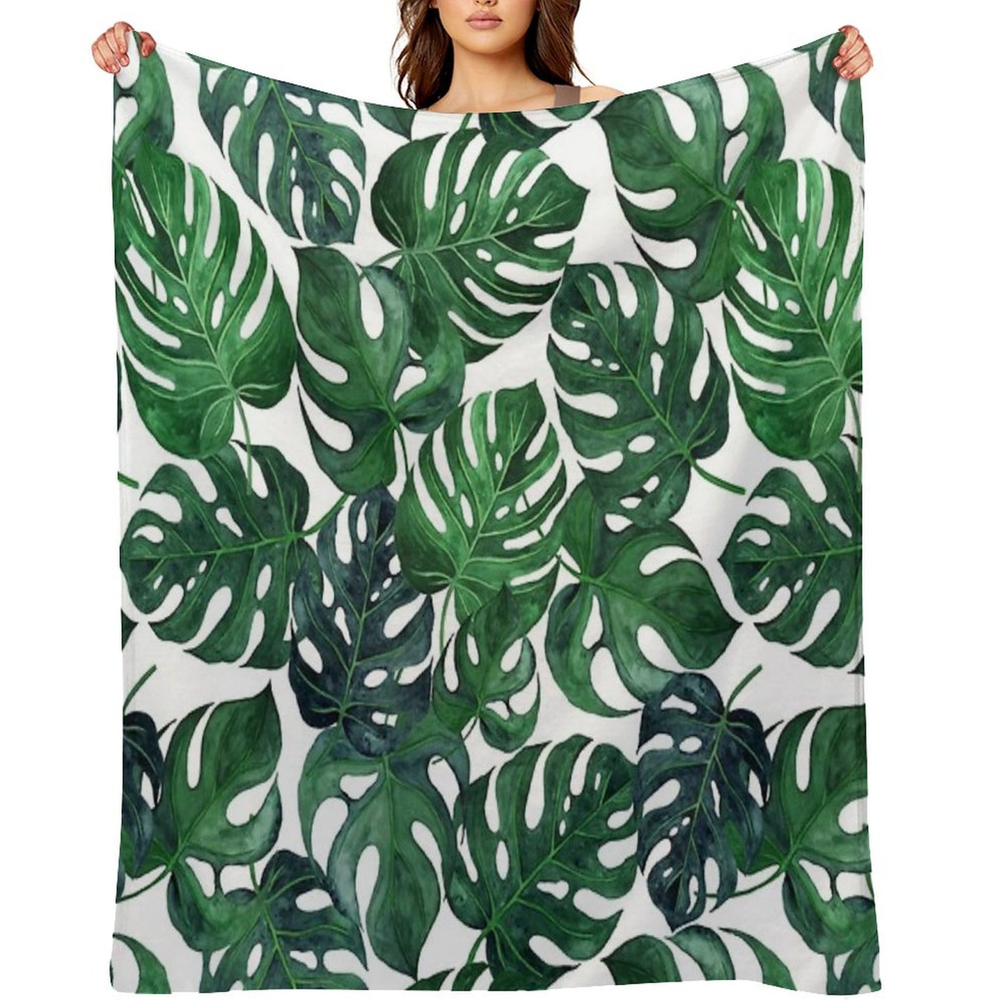 Tropical Monstera Leaves - Dark Emerald Green Throw Blanket