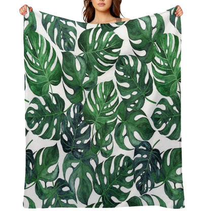 Tropical Monstera Leaves - Dark Emerald Green Throw Blanket