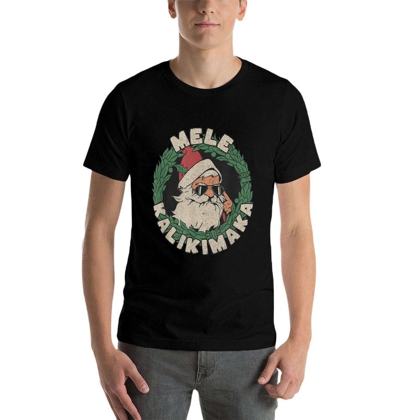 Mele Kalikimaka with Santa  Rolled Sleeves T-Shirt