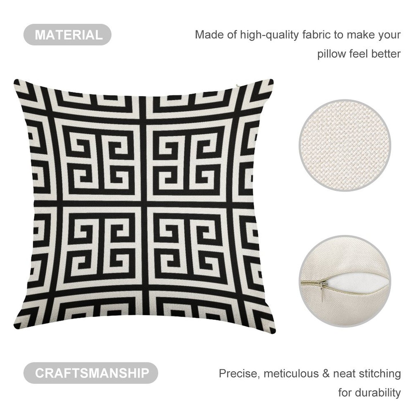 Greek Key Black And White Pattern Linen Throw Pillow Cover