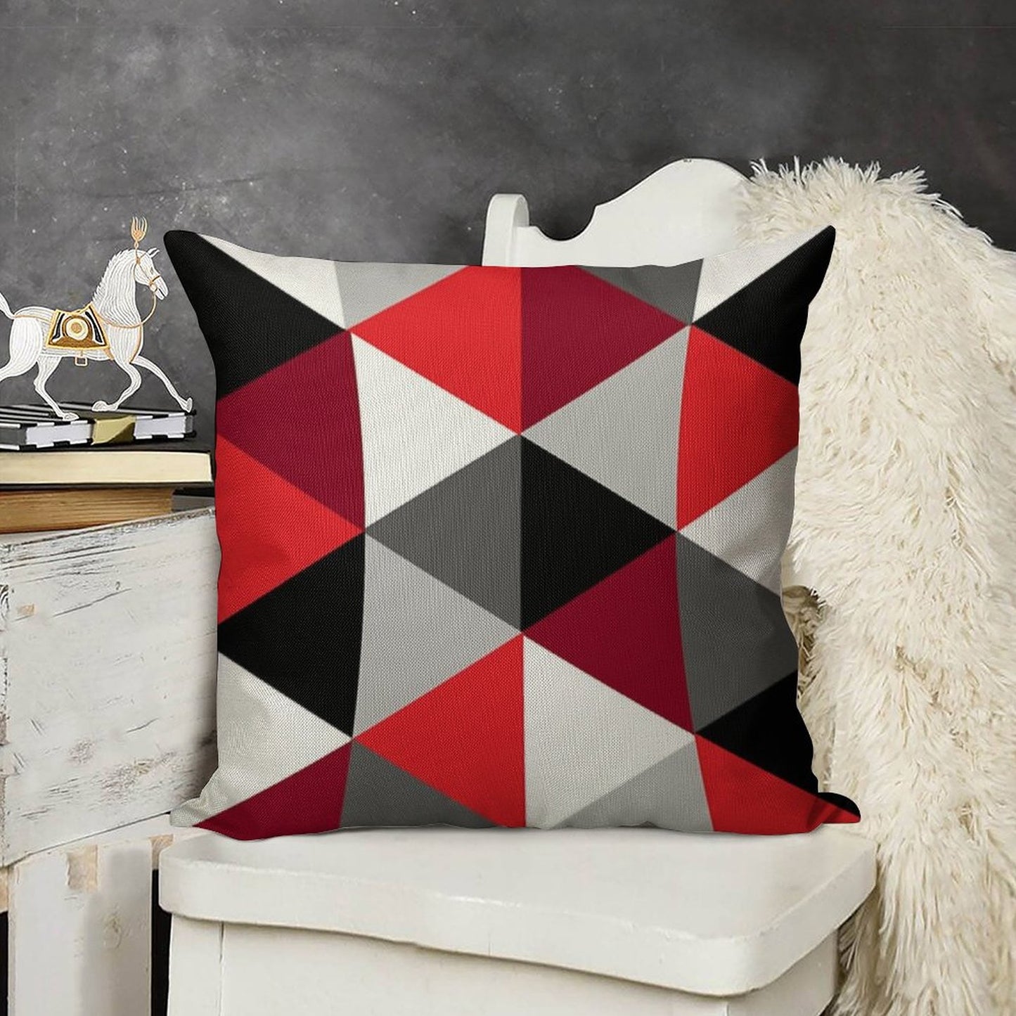 Red, Black, White And Grey Pattern Linen Throw Pillow Cover
