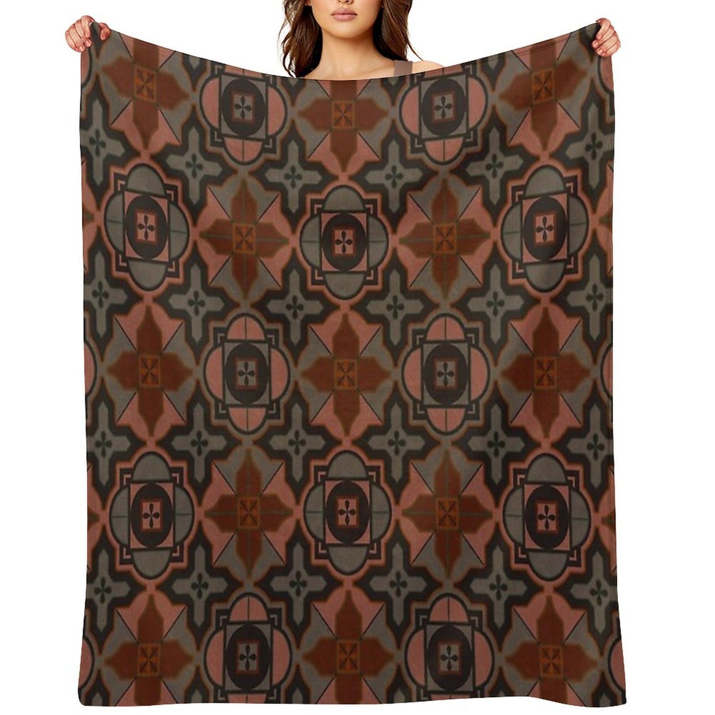 Muted Gray Acorn Brown Arabesque Style Tile Pattern Throw Blanket