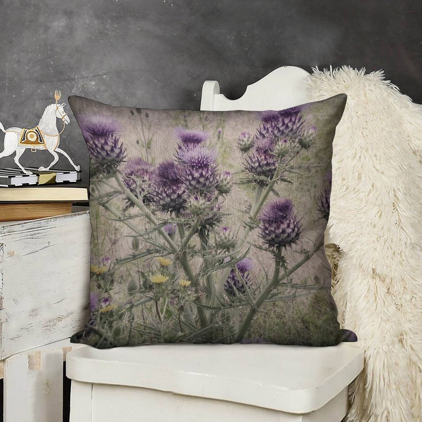 Purple Thistle Flowers with Yellow Daisies. Linen Throw Pillow Cover