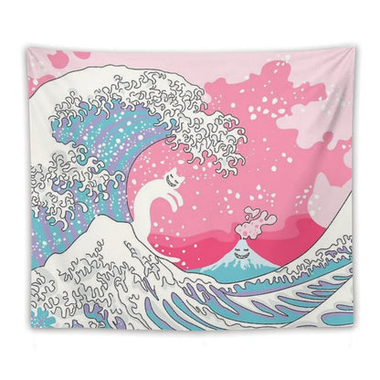 Psychodelic Bubblegum Kunagawa Surfer Cat Tapestry