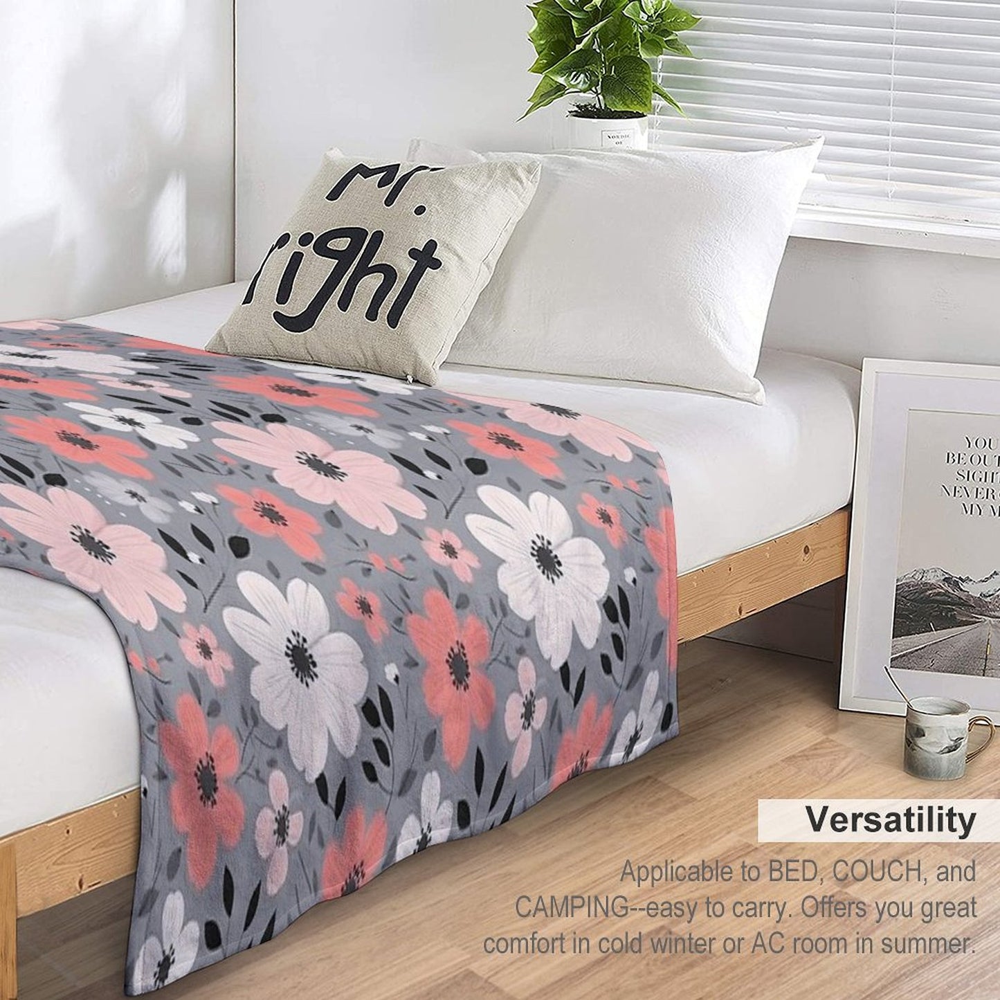 Pink Salmon White Grey Flowers Grey Background Pattern Throw Blanket