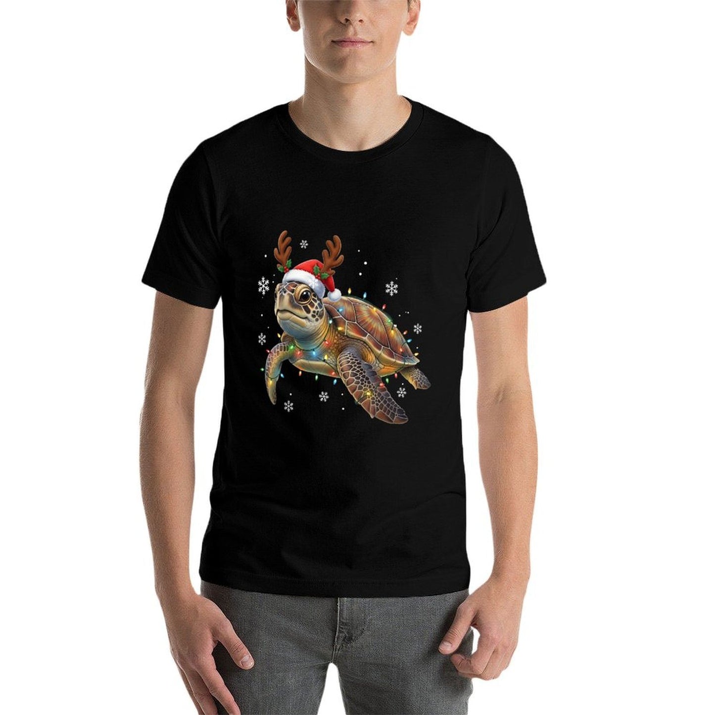Sea Turtle Christmas Lights Funny Santa Hat Gifts Men Women  Oversized Silhouette T-Shirt